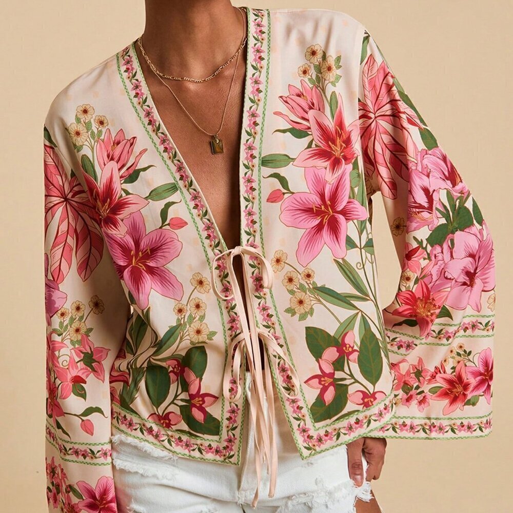 Boho Womens Floral Print Long Sleeve tie detailed Blouse Shirt